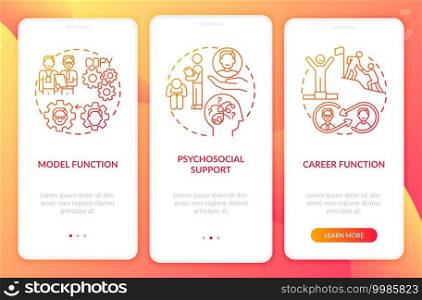 Model and career functions onboarding mobile app page screen with concepts. Psychosocial support walkthrough 3 steps graphic instructions. UI vector template with RGB color illustrations. Model and career functions onboarding mobile app page screen with concepts