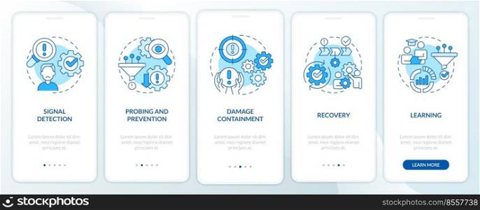 Model for crisis management blue onboarding mobile app screen. Walkthrough 5 steps editable graphic instructions with linear concepts. UI, UX, GUI template. Myriad Pro-Bold, Regular fonts used. Model for crisis management blue onboarding mobile app screen