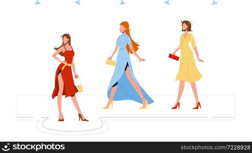 Model Girls Wear Fashion Apparel On Podium Vector. Young Women in Fashionable Clothing Walking On Runway Demonstrating New Collection Of Apparel. Characters Flat Cartoon Illustration. Model Girls Wear Fashion Apparel On Podium Vector