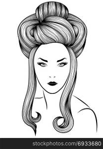 Model high bun gorgeous coiffure with long locks, hand drown detailed vector illustration isolated on the white background