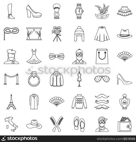 Model icons set. Outline style of 36 model vector icons for web isolated on white background. Model icons set, outline style