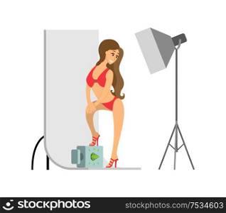 Model in red swimsuit and high heels shoes with backdrop at photo studio. Girl posing for photoshoot under spotlight on tripod vector illustration.. Model in Swimsuit with Backdrop at Photo Studio