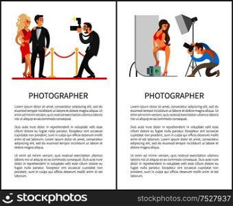 Model in swimsuit at backdrop, celebrities couple on red carpet vector illustrations. Studio photographer and paparazzi with cameras posters with text. Model in Swimsuit at Backdrop, Celebrities Couple