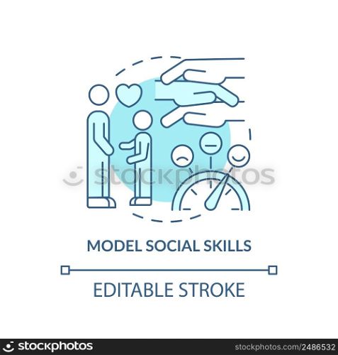 Model social skills turquoise concept icon. Teacher strategy. Trauma informed teaching abstract idea thin line illustration. Isolated outline drawing. Editable stroke. Arial, Myriad Pro-Bold fonts use. Model social skills turquoise concept icon