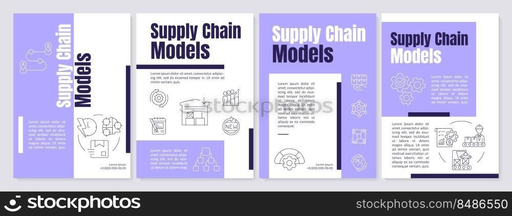 Models of supply chain purple brochure template. Business. Leaflet design with linear icons. Editable 4 vector layouts for presentation, annual reports. Anton, Lato-Regular fonts used. Models of supply chain purple brochure template