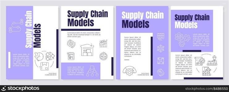 Models of supply chain purple brochure template. Business. Leaflet design with linear icons. Editable 4 vector layouts for presentation, annual reports. Anton, Lato-Regular fonts used. Models of supply chain purple brochure template