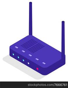 Modem for access to internet vector, router for connection isolated icon. Device with antenna and lights indicating status of signal, system for database work. Illustration in isometric 3d style. Router Connection, Modem for Wifi Internet Access