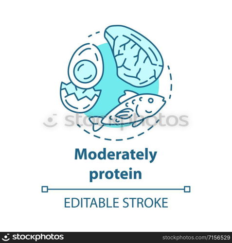 Moderately protein concept icon. Ketogenic diet idea thin line illustration. Moderate keto nutrition. Healthy lifestyle. Dietary food. Egg, fish, meat. Vector isolated outline drawing. Editable stroke