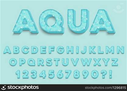 Modern 3D aqua Alphabet Letters, Numbers and Symbols. Fresh Typography . Vector