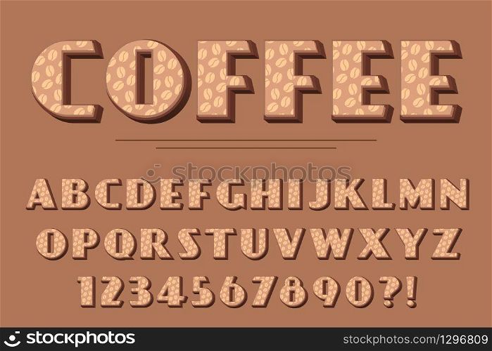 Modern 3D coffee Alphabet Letters, Numbers and Symbols. Delicious Typography . Vector