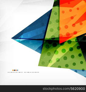 Modern 3d glossy overlapping triangles in different colors with texture and light effects. Business brochure background design with copyspace