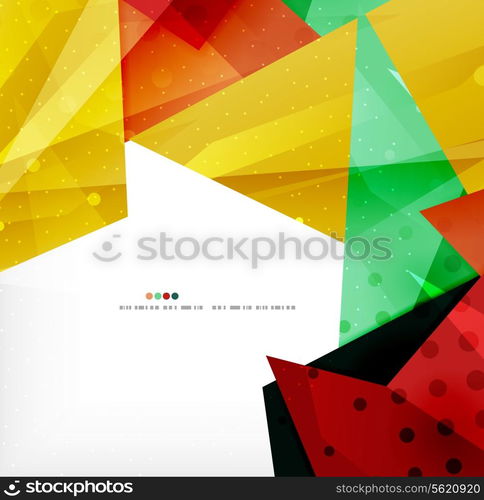 Modern 3d glossy overlapping triangles in different colors with texture and light effects. Business brochure background design with copyspace