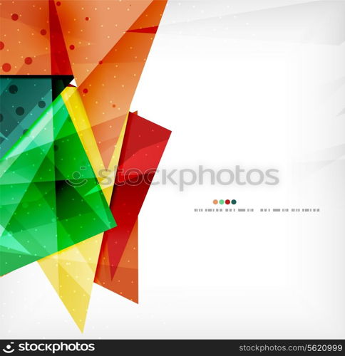 Modern 3d glossy overlapping triangles in different colors with texture and light effects. Business brochure background design with copyspace