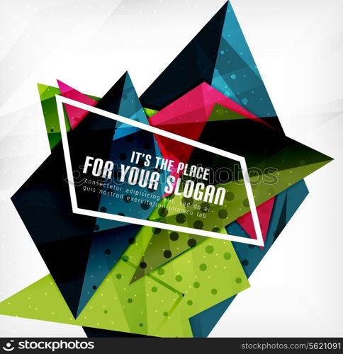 Modern 3d glossy overlapping triangles in different colors with texture and light effects. Business brochure background design with copyspace