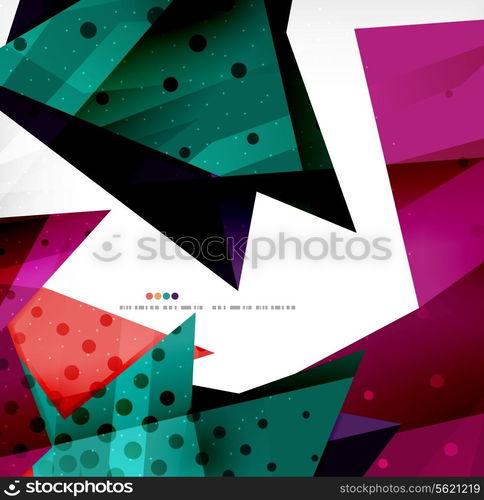 Modern 3d glossy overlapping triangles in different colors with texture and light effects. Business brochure background design with copyspace