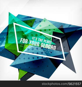 Modern 3d glossy overlapping triangles in different colors with texture and light effects. Business brochure background design with copyspace