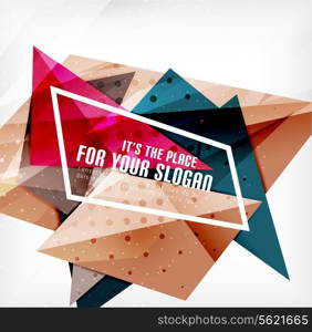 Modern 3d glossy overlapping triangles in different colors with texture and light effects. Business brochure background design with copyspace