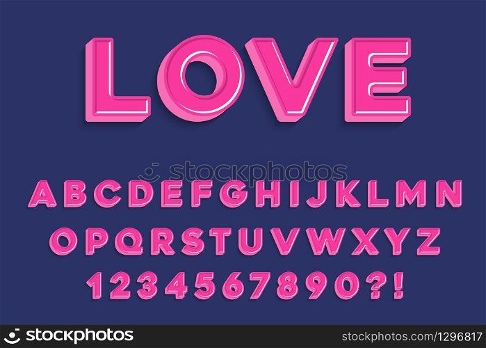 Modern 3D madness pink Alphabet Letters, Numbers and Symbols. Sweet Typography . Vector