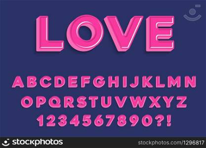 Modern 3D madness pink Alphabet Letters, Numbers and Symbols. Sweet Typography . Vector