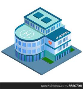 Modern 3d urban hospital building with helipad on the roof isometric isolated vector illustration