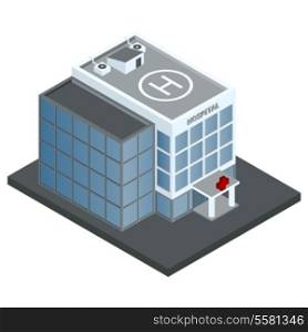 Modern 3d urban hospital building with helipad on the roof isometric isolated vector illustration