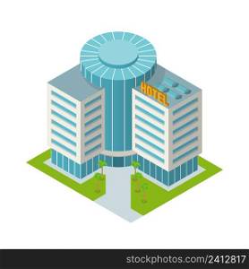 Modern 3d urban hotel building with palm trees isometric isolated vector illustration