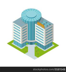 Modern 3d urban hotel building with palm trees isometric isolated vector illustration