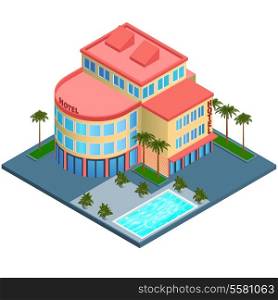 Modern 3d urban hotel building with palms and water pool isometric isolated vector illustration