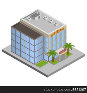 Modern 3d urban hotel building with palms isometric isolated vector illustration.