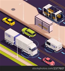 Modern 3d vision electric trucks delivery van commuting services bus navigating city streets isometric vector illustration. Electric Trucks Isometric Composition