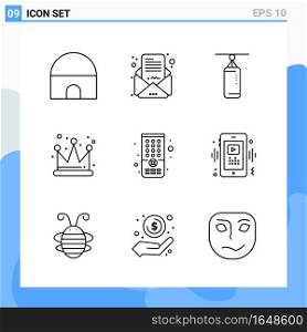 Modern 9 Line style icons. Outline Symbols for general use. Creative Line Icon Sign Isolated on White Background. 9 Icons Pack.. Creative Black Icon vector background