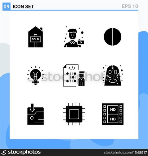 Modern 9 solid style icons. Glyph Symbols for general use. Creative Solid Icon Sign Isolated on White Background. 9 Icons Pack.. Creative Black Icon vector background