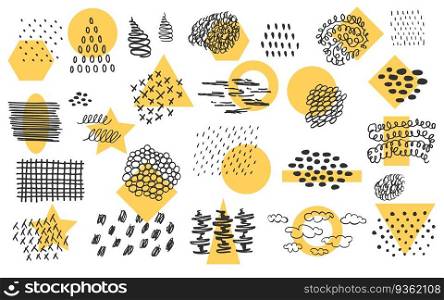 Modern abstract collection Collage minimal design set in trendy pop art style Hand drawn black ink skrubble with simple geometric yellow forms Star, square, circle, ring, triangle Vector illustration. Modern abstract collection Collage minimal design set in trendy pop art style. Hand drawn black ink skrubble with simple geometric yellow forms Star, square, circle, ring, triangle Vector illustration