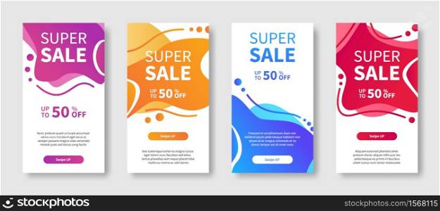 Modern abstract dynamic liquid mobile background for big sale banners. Special offer super sale and banner discount up to 50% on design template with editable text. Set of vector illustrations.