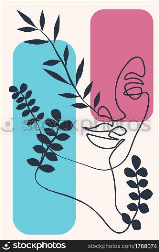 Modern abstract female face with floral, minimalist line art style.