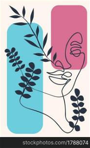 Modern abstract female face with floral, minimalist line art style.