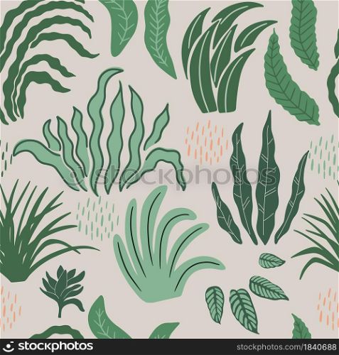 Modern abstract floral background. Vector flat illustration with green leaves. Can be used for textiles, wrapping papers, packaging.