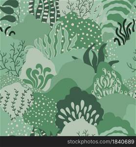 Modern abstract floral background. Vector flat illustration with green leaves and hills. Can be used for textiles, wrapping papers, packaging.
