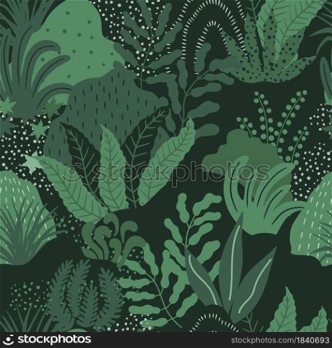 Modern abstract floral background. Vector flat illustration with green leaves and hills. Can be used for textiles, wrapping papers, packaging.