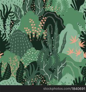 Modern abstract floral background. Vector flat illustration with grren leaves and hills. Can be used for textiles, wrapping papers, packaging.