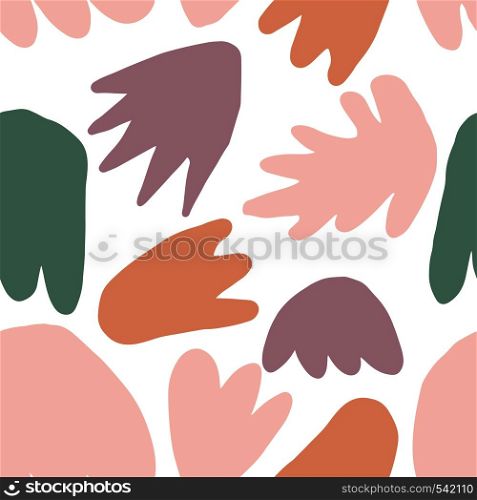 Modern abstract natural colorful shapes or blots. Contemporary floral seamless pattern. Concept trendy fabric textile design on white background. Modern abstract natural colorful shapes or blots.