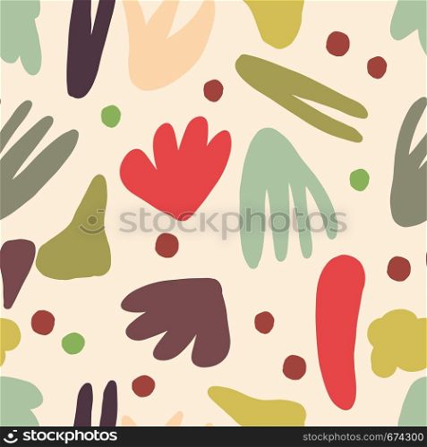 Modern abstract natural colorful shapes or blots. Contemporary seamless pattern. Concept trendy fabric textile design on white background. Modern abstract natural colorful shapes or blots.