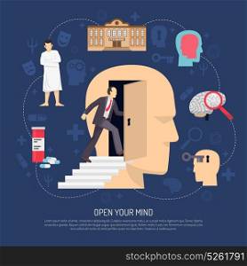 Modern Abstract Psychologist Poster. Modern abstract poster with human profile icons symbolizing psychologist support and slogan open your mind flat vector illustration
