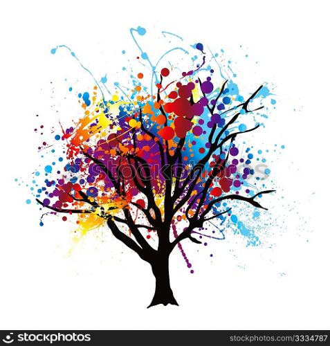 Modern abstract tree with paint splat leaves or canopy