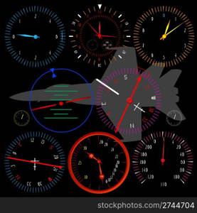 Modern airplane dashboard over black background, isolated and grouped objects.