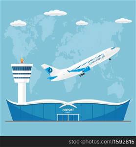 Modern Airport building, control tower, runway and take-off aircraft,flat vector illustration. Modern Airport building, control tower, runway and take-off airc