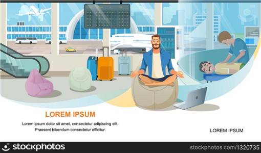 Modern Airport Lounge Flat Vector Horizontal Web Banner, Landing Page. Traveling People, Airline Passenger Resting in Airport Recreation Area with Massage Service while Waiting for Flight Illustration