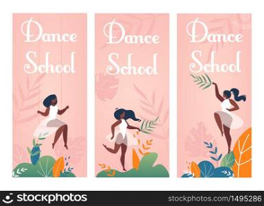 Modern and Classic Dance School, Choreography Studio Promotion. Cartoon Advertisement. Invitation Flyers Set. Elegantly Dressed Women Dancers Characters in Various Poses. Vector Flat Illustration. Modern Classic Dance School Invitation Flyers Set
