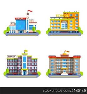Modern And Classical School Buildings. Modern and classical school buildings with flags on steeple and clock flat isolated elements for city construction vector illustration