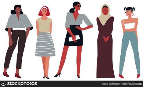 Modern and fashionable clothes for females of different nations and ages. Isolated ladies wearing dresses and jeans with top, hijab and blouse or skirt. Fashionable models. Vector in flat style. Fashion clothes for ladies of different nations
